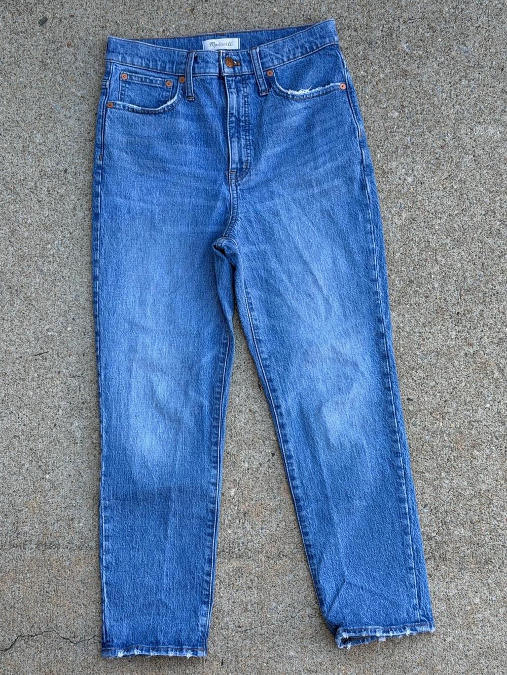 Madewell Classic Straight High Rise Jeans Medium Wash Distressed Hem Size 27